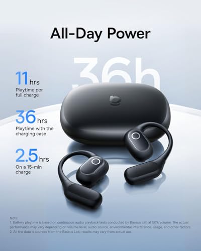 Baseus Eli 2i 핏 오픈 이어 헤드폰, 8.8g 안전한 핏, 36H 배터리, 베이스업 기술 및 사운드 누출, IPX5 방수, ENC 통화, 사이클링, 달리기, 운동에 편안함