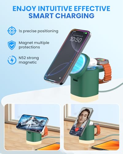 Wireless Charging Station for Apple Mag-Safe: JoyGeek 3 in 1 Magnetic Foldable Charger Stand for iPhone 16 15 14 13 12 Pro Max Plus - Apple Watch 10 9 8 7 6 5 4 SE - AirPods Pro 2/3/4 - color: Dark Green