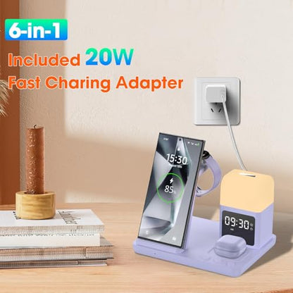 Wireless Charger for Samsung/Android Charging Station, 6 in 1 Fast Watch Charger with Alarm Clock-Night Light, Compatible for Galaxy S25 Ultra/S24, Only for Samsung Watch8/7, Galaxy Buds3 Pro(Purple) - color: Purple