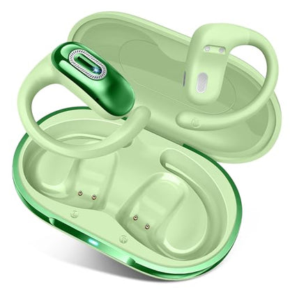 Open Ear Headphones, NEW Over Ear Earbuds with 4 ENC Noise-Canceling Mic | Ultra-Comfort Bone Conduction Earbuds, BT5.4, 50H HD Stereo, IPX7 Waterproof, Ergonomic Earhooks,Sports Ear Buds for Running - color: Light Green