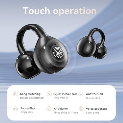 Open Ear Clip Headphones Wireless Earbuds Bluetooth 5.4 Sports Earphones with Wireless LED Touch Screen Waterproof in Ear Earphones for Pad Tablet Laptop Android/iOS Phones (Black) - color: Black