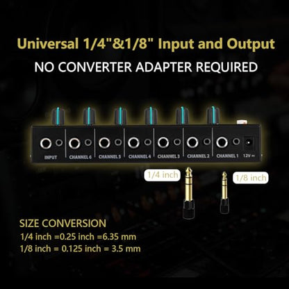 Headphone Amplifier 6 Channel, Stereo Headphone Amp with 3.5mm&6.35mm Input and Output, Metal Portable Studio Headphone Amp Splitter, Headphone Mixer with Mono and Stereo for Recording Studios - size: 6