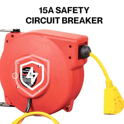 ReelWorks Retractable Extension Cord Reel Polypropylene 12AWG x 40' Foot | Industrial Commercial Grade 3C SJT Cable Triple Tap Connector 15A 125VAC 1875W 60Hz Current Interrupter Best for Indoor Use