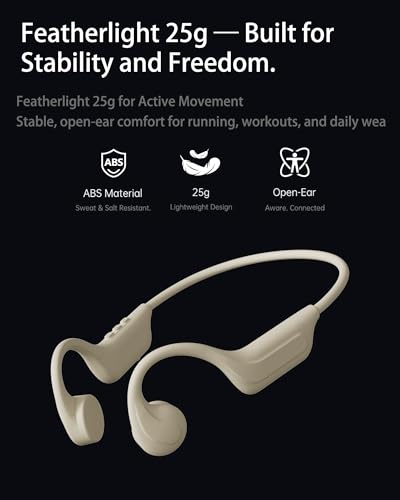 New Bone Conduction Headphones Bluetooth 6.0, Open Ear Headphones with Mic, 3 EQ Modes, Anti-Leak Audio, Dual Pairing, 10H Playtime, 25g Lightweight, IP65 Waterproof for Running, Cycling & Hiking - color: Beige