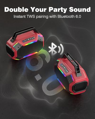 Qozybuds Bluetooth 6.0 Speaker, 80W(Peak) Loud Speaker with Bass, 30H Working Time, IPX6 Waterproof Large Jobsite Speakers with TWS, RGB Lights for Work, Outdoor, Workshop, Garage (Red)
