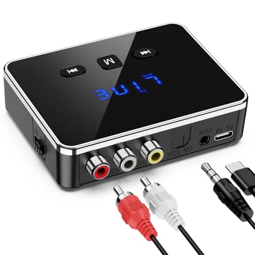 Bluetooth Audio Adapter, Bluetooth 5.4 Transmitter Receiver Support U-Disk, TF Cards, Optical/RCA/Aux, LED Display Bluetooth Receiver for TV, Home Stereo, Wireless Adapter for Speakers Headphone