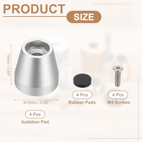 MECCANIXITY 4Pcs Speaker Isolation Pad Feet, 15x15mm Shockproof Aluminum Alloy Vibration Isolation Speaker Shock Base Pad Cone Base with Screws & Rubber Pads for Audio Equipment, Silver - color: Silver, size: 15x15mm