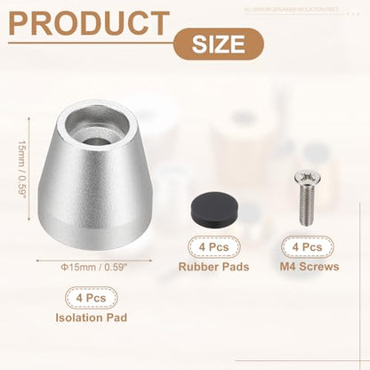 MECCANIXITY 4Pcs Speaker Isolation Pad Feet, 15x15mm Shockproof Aluminum Alloy Vibration Isolation Speaker Shock Base Pad Cone Base with Screws & Rubber Pads for Audio Equipment, Silver - color: Silver, size: 15x15mm
