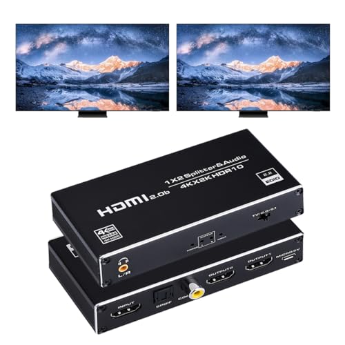 HDMI Splitter 1 in 2 Out, 4K@60Hz HDMI Splitter 1x2 with Audio Extractor 3.5mm Audio Jack + Coaxial + Optical Toslink SPDIF for Xbox, PS4, Blu-ray