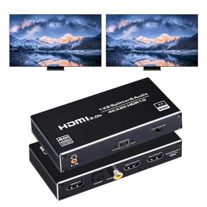 HDMI Splitter 1 in 2 Out, 4K@60Hz HDMI Splitter 1x2 with Audio Extractor 3.5mm Audio Jack + Coaxial + Optical Toslink SPDIF for Xbox, PS4, Blu-ray