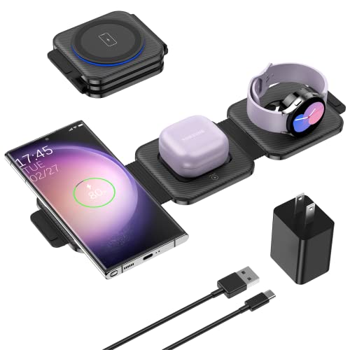 Travel Charger for Samsung Multi Devices, Foldable 3 in 1 Wireless Charging Station Fast Charging Stand/Pad Compatible for Samsung Galaxy S26/S25/S24/S23/Note20 GalaxyWatch8/7/6 Galaxy Buds4 - color: Black