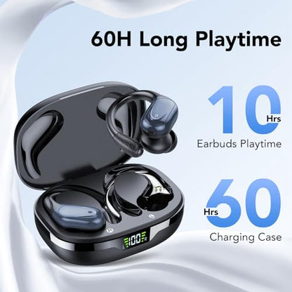 Ear buds Wireless Earbuds Bluetooth 5.3 Headphones 60hrs Playtime with Digital Display Sports Wireless Headphones with Earhook Deep Bass IPX7 Waterproof Over-Ear Earbuds for Android iOS Workout Black - color: Black