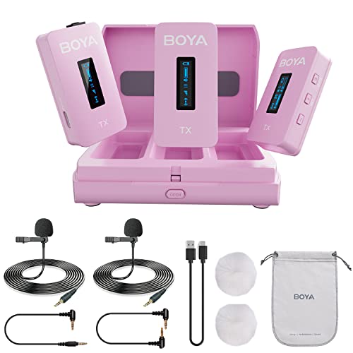 BOYA BY-XM6-K2P Dual Wireless Lavalier Microphone System with 2 Transmitters for DSLR Camera Camcorder Smartphones in Vlog YouTube Video Facebook Live (Pink)