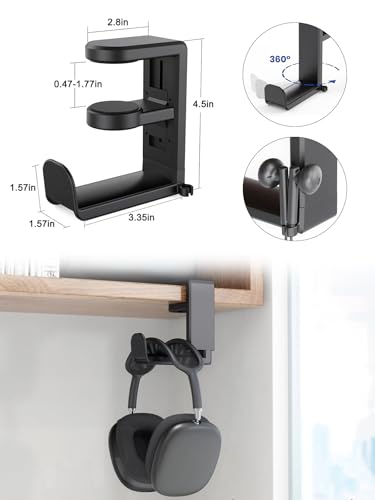 Rotating Headphone Stand, Headphone Hook Desk, Adjustable Clamp on Headphone Holder, Headphones Holder with 360 Degree Swivel&Cable Clip Organizer, for Office, Backpack Bag Purse Hanging
