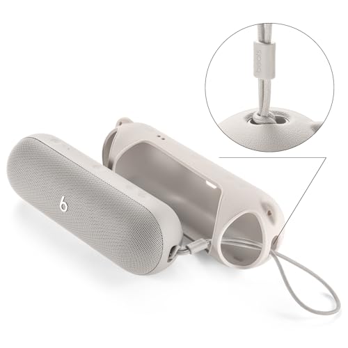 Silicone Case for Beats Pill 2024, Shockproof Cover with Strap - color: Beige
