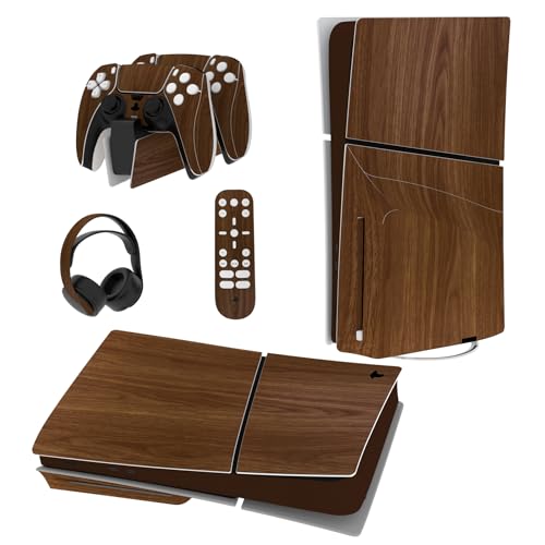 PlayVital Full Set Skin Sticker for ps5 Slim Console Disc Edition (The New Smaller Design), Vinyl Skin Decal Cover for ps5 Controller & Headset & Charging Station & Media Remote - Wood Grain - color: Wood Grain
