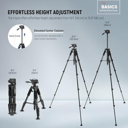 NEEWER BASICS Camera Tripod, 71'' Tripod with Cell Phone Holder Mount Compatible with iPhone for Video Recording, Professional Aluminum Lightweight Portable Travel Stand with 3 Way Pan Tilt Head, TP55 - style: TP55