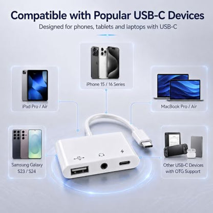 3-in-1 USB C Adapter for iPhone 15 16, USB C to USB-A OTG Adapter with 3.5mm Headphone Jack & PD Fast Charging Port, USB C Splitter for MacBook Pro Air, iPad Pro, Samsung Galaxy S23 S24