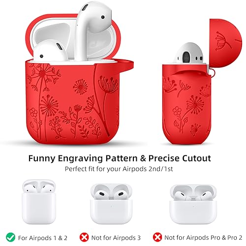 Lerobo for AirPod Case 2nd/1st Generation with Keychain for Women Girl | Flower Engraved Silicone Cover for AirPods 1 Case, Wireless Charging, Shockproof, One-piece Design, Red - color: Red