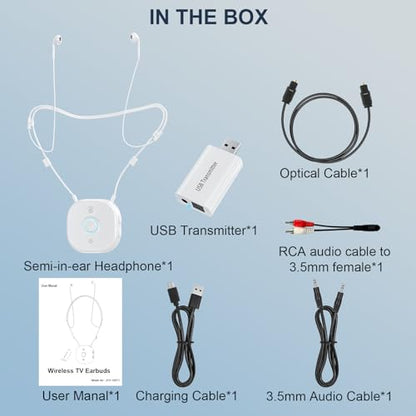 Neckband Earbuds with Independent L/R Volume Control, AptX LL, 100 ft Range, Large Buttons TV Headphones Wireless for Seniors Hearing, Semi-In-Ear Headphones Compatible USB/Optical/RCA/3.5mm Audio Out