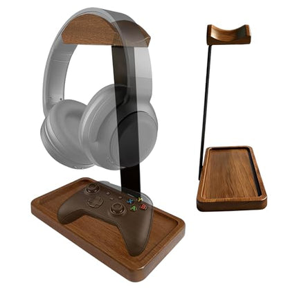 2-in-1 Wood Universal Headphone Stand With Storage Tray And Wood Arc Top