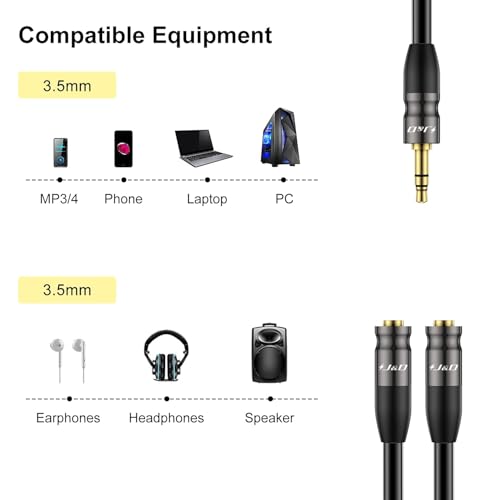 J&D Headphone Splitter 3.5 mm Audio Stereo Y Splitter Cable, 1/8 inch TRS Male to Dual 1/8 inch TRS Female Headphone Jack Adapter Aux Extension Cable for Phone/PS4/Switch/Tablet, 2 feet - size: 2 Feet