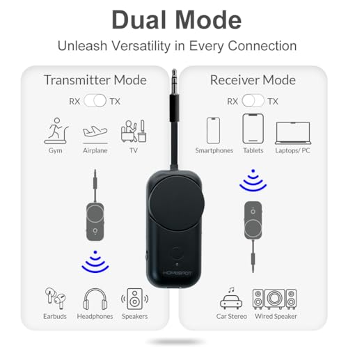 Bluetooth 5.3 Airplane Adapter, Rotary Volume, aptX Low Latency & Adaptive, 25 Hrs, Use with Any 3.5mm Jack on Airplanes, TVs, Car, Gym, Ideal for AirPods, Headphones and More, Black - color: Black