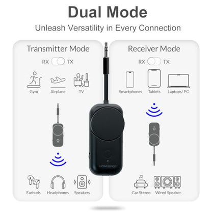 Bluetooth 5.3 Airplane Adapter, Rotary Volume, aptX Low Latency & Adaptive, 25 Hrs, Use with Any 3.5mm Jack on Airplanes, TVs, Car, Gym, Ideal for AirPods, Headphones and More, Black - color: Black