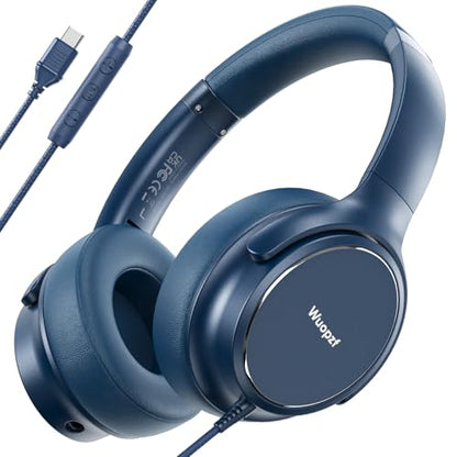 USB C Wired Over-Ear Headphones with Microphone | Volume Control, Share Port, Adjustable Headband Foldable Stereo Headset for Adult/Teens for iPhone 16, Laptop, Gaming, Travel - color: New Blue