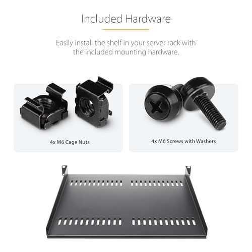 StarTech 1U Vented Cantilever Rack Shelf, 16in, 44lb/20kg (CABSHELF116V) | Universal vented rack mount tray, For 19in network equipment rack & cabinet, Heavy duty steel, 16in deep - size: 16", style: single