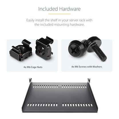 StarTech 1U Vented Cantilever Rack Shelf, 16in, 44lb/20kg (CABSHELF116V) | Universal vented rack mount tray, For 19in network equipment rack & cabinet, Heavy duty steel, 16in deep - size: 16", style: single