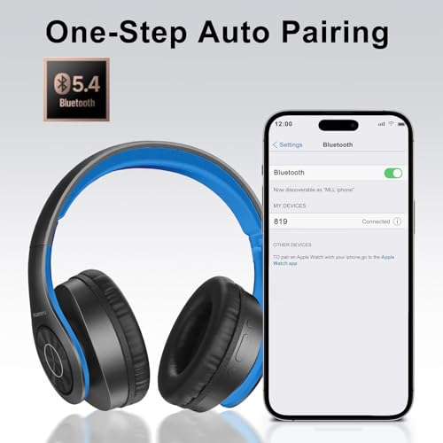 TUINYO Bluetooth Headphones Wireless, Over Ear Stereo Wireless Headset 40H Playtime with deep bass, Soft Memory-Protein Earmuffs, Built-in Mic Wired Mode PC/Cell Phones/TV-Black/Blue … - color: Black/Blue