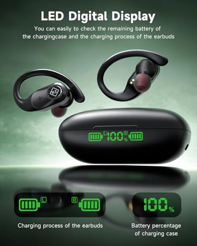 Wireless Earbuds Bluetooth Headphones 96H Playtime LED Display Waterproof | Built in Mic Deep Bass Sound Secure Over Ear buds Earhooks for iPhone Android Samsung CellPhones Sport Workout Gaming Running