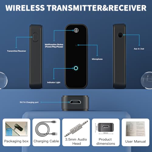 Aux Bluetooth Adapter Portable 3.5mm Blue-tooth Aux Adapter for Car 2 in 1 Wireless Bluetooth Receiver Transmitter for Car/TV Audio/Speakers/Headphones/Stereo System,Hands-Free Call 33FT Working Range