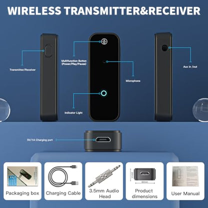 Aux Bluetooth Adapter Portable 3.5mm Blue-tooth Aux Adapter for Car 2 in 1 Wireless Bluetooth Receiver Transmitter for Car/TV Audio/Speakers/Headphones/Stereo System,Hands-Free Call 33FT Working Range