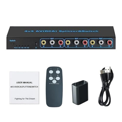 MOUDOAUER AV Switch RCA Switcher, 4 in 3 Out Video L/R Audio Selector Box for DVD STB Game Consoles