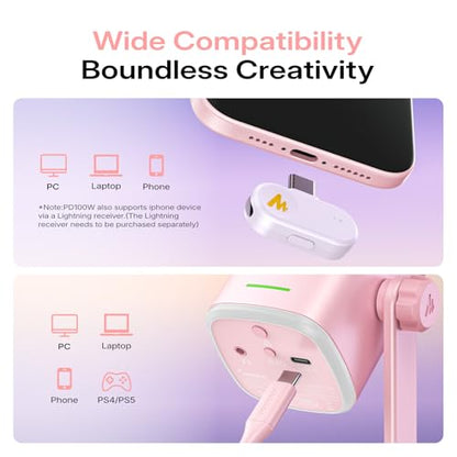MAONO PD100W Wireless Dynamic Microphone for iPhone, Android & PC (Pink) | USB-C & Lightning Receivers, Noise Reduction,RGB Lighting, Software EQ, for Gaming, Streaming and Content Creation - color: Pink