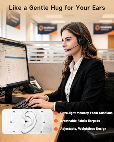 AOC Wireless Headset with Microphone for Work, AI ENC Noise Cancelling Bluetooth 6.0 Headset, 45H Playtime Mono Office Headset with 2.4G Dongle