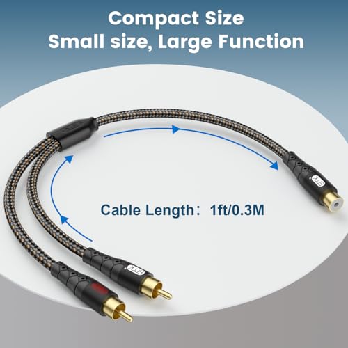 EMK RCA Splitter 2 Male to Female Extension Cable Dual Shielding Gold Plated Nylon Braided RCA Splitter 1 Female to 2 Male Cord Adapter Black/1ft/30CM - size: 1ft/0.3m, style: Black*1Female to 2Male