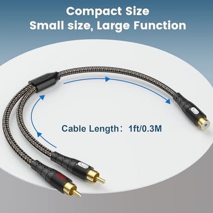 EMK RCA Splitter 2 Male to Female Extension Cable Dual Shielding Gold Plated Nylon Braided RCA Splitter 1 Female to 2 Male Cord Adapter Black/1ft/30CM - size: 1ft/0.3m, style: Black*1Female to 2Male