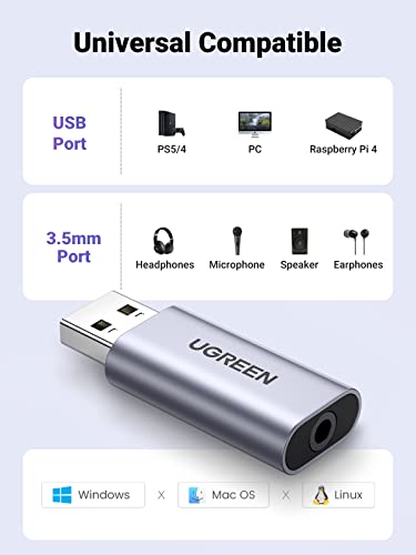 UGREEN USB to Audio Jack USB External Sound Card 3.5mm Audio Adapter | 2 in 1 USB A to Aux TRRS Headphone Adapter Mics Stereo Jack Aluminum Compatible with PS5 PC Windows Mac Linux Laptop Desktop