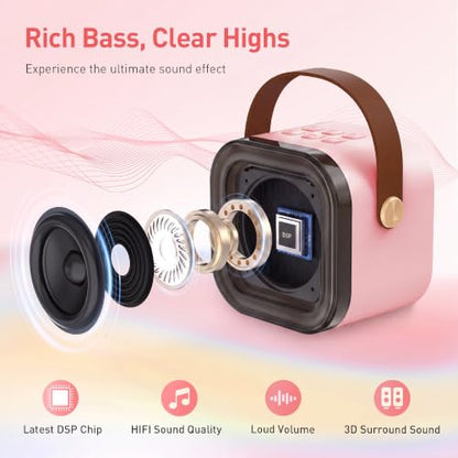Mini Karaoke Machine for Kids Girls Boys - Birthday Gifts for Ages 4 5 6 7 8+ Year Old - Portable Bluetooth Speaker with 2 Wireless Microphone - Pink