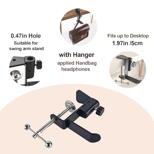 Table Clamp Mount for Microphone stand, Microphone Clamps for Desk with Headphone Hanger, Metal Desk Clamp for Microphone suitable for swing arm phone stand, Table Mounting Clamp hang hat Handbag