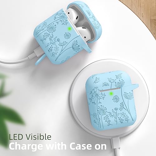 Lerobo for AirPod Case 2nd/1st Generation with Keychain | Flower Engraved Soft Silicone Cover for AirPods 2 Case, Wireless Charging, Shockproof, One-piece Design, Sky Blue - color: Sky Blue