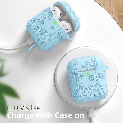Lerobo for AirPod Case 2nd/1st Generation with Keychain | Flower Engraved Soft Silicone Cover for AirPods 2 Case, Wireless Charging, Shockproof, One-piece Design, Sky Blue - color: Sky Blue