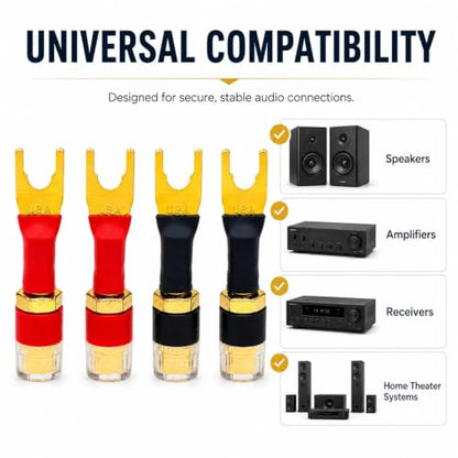 4-Pack Y-Spade to 4mm Banana Female Jack Socket Adapter, 24K Gold-Plated OFC Copper, Self-Locking 45° Fork, for Speaker Wire, Amplifier, AV Receiver, Home Theater, Hi-Fi Binding Post