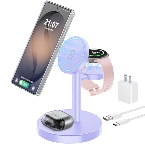 Magnetic Wireless Charger for Samsung, 3 in 1 Super Fast Charging Station Compatible with MagSafe, Phone Charger Stand for Samsung Galaxy S26 Ultra S25 Z Fold/Flip 8, Watch Ultra 8 7 6, Buds 4/3 Pro - color: Purple