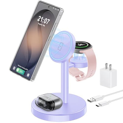 Magnetic Wireless Charger for Samsung, 3 in 1 Super Fast Charging Station Compatible with MagSafe, Phone Charger Stand for Samsung Galaxy S26 Ultra S25 Z Fold/Flip 8, Watch Ultra 8 7 6, Buds 4/3 Pro - color: Purple