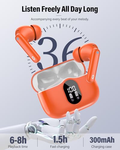 Wireless Earbuds, Bluetooth 5.4 Headphones Bass Stereo, Ear Buds with Noise Cancelling Mic, IP7 Waterproof in Ear Earphones, 36H LED Display Bluetooth Earbuds for Laptop Pad Phones, Deep Orange | Ear Buds with Noise Cancelling Mic LED Display, 36H, IP7 Wa