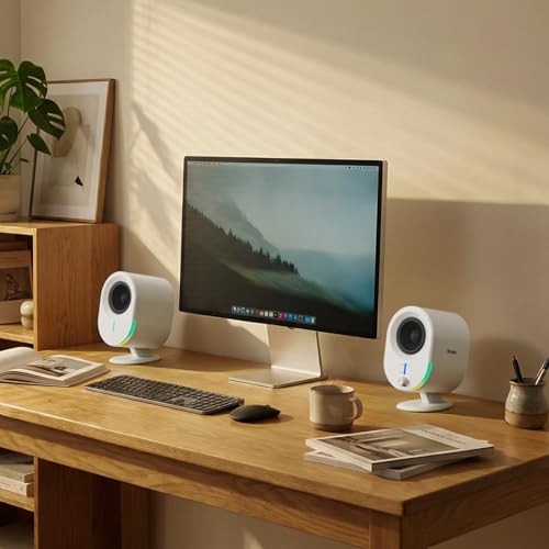 LITTOAK Bluetooth PC Gaming Speakers, 2 * 15W 2.0CH Stereo with 3 EQ & 6 RGB Modes, AC Powered Desktop Speakers with Aux/USB/Headphone Port for Laptop/TV, White